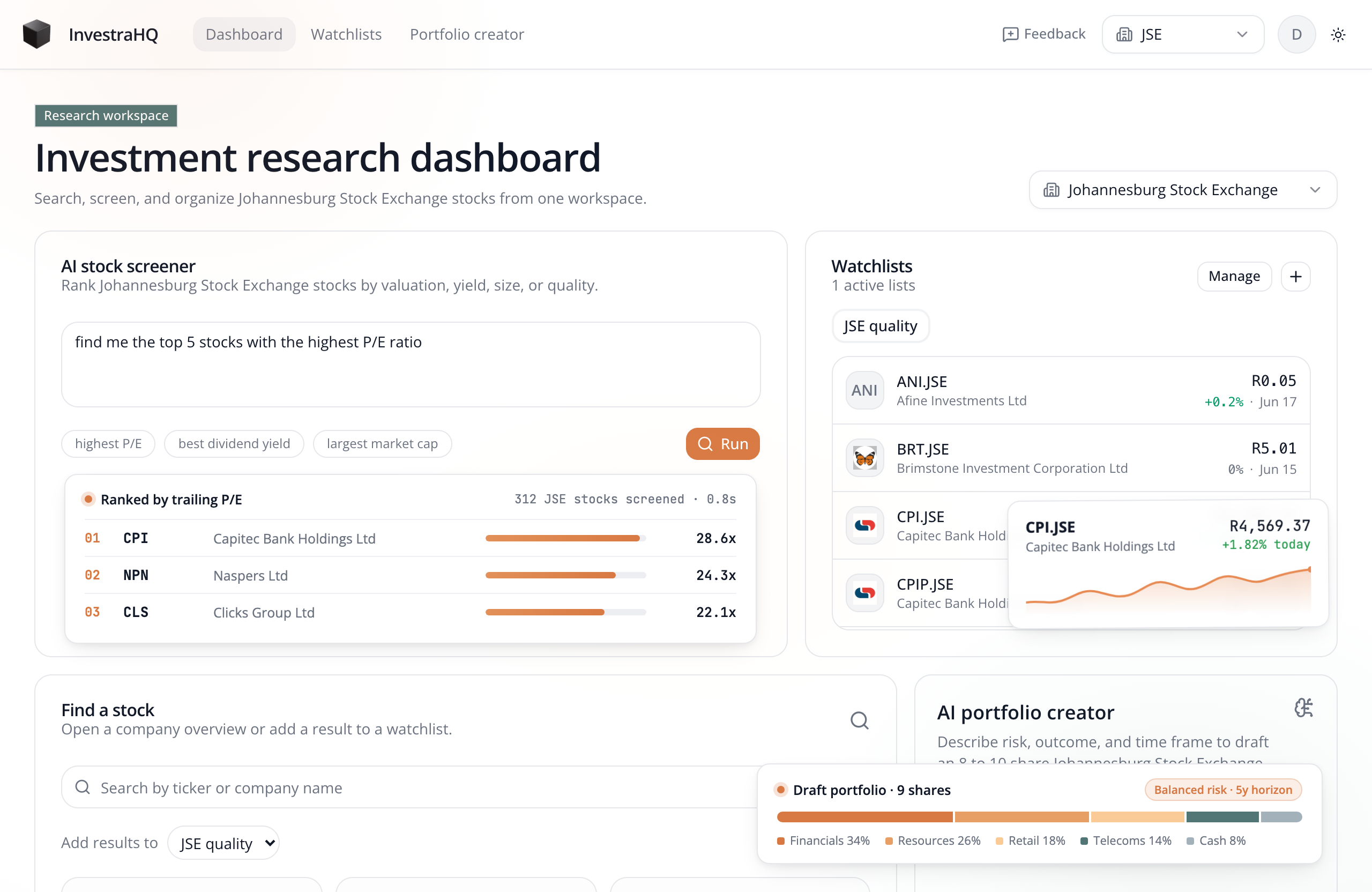 InvestraHQ dashboard showing the AI stock screener, a JSE watchlist with latest prices, stock search, and the AI portfolio creator